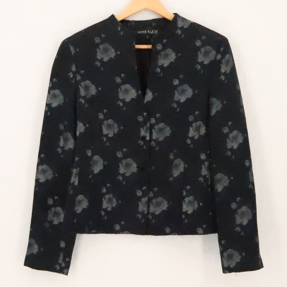 Anne Klein Floral Silk Wool Blazer Womens Size 2 Navy Button Career Quiet Luxury